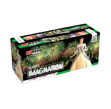 A boxed fireworks product labeled RIAKEO and IMAGINATION, shown at an angle on a plain white background. The package is predominantly black with green borders and fireworks imagery, plus a woman in a pale dress on the front.