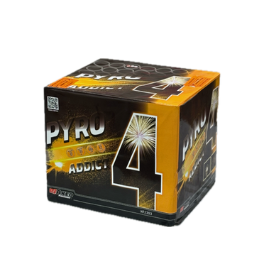 A box of Pyro Music 'Addict' 4 Fireworks on a plain white background. The packaging is primarily black and orange with a large white number 4 and a graphic of fireworks.