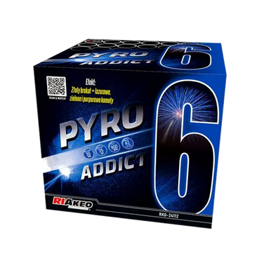 A box of RIAKEO Pyro Addict 6 fireworks, featuring a dark blue and black design with a large white and blue number 6 and fireworks graphic.