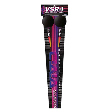 A VSR4 graphite shaft golf club shown vertically in its retail packaging, featuring a black and purple design with pink and orange accents.