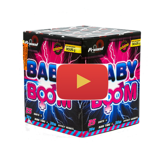 A 25 shot gender reveal firework firing pink peony, pink strobe and pink glitter along with a pink mine lift, the packaging does not reveal whether it is a blue or pink version only the retailer knows and will advise you...
