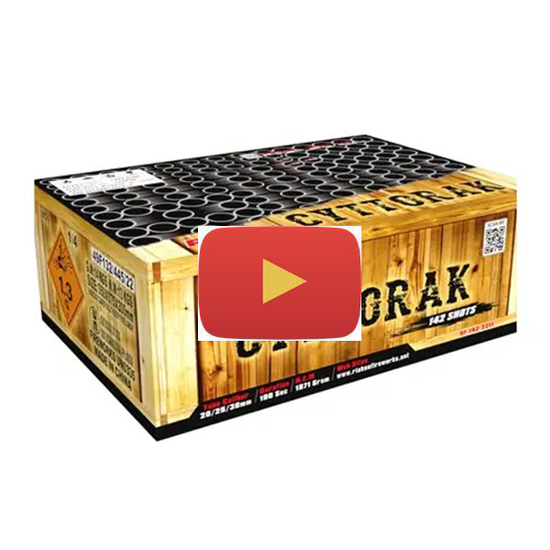 A video of the 142 shot aerial Cyttorak compound barrage firework from Raikeo showing a multitude of large, colourful and loud bursts high overhead in the sky.