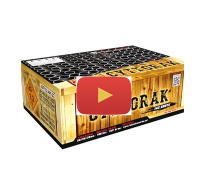 A video of the 142 shot aerial Cyttorak compound barrage firework from Raikeo showing a multitude of large, colourful and loud bursts high overhead in the sky.