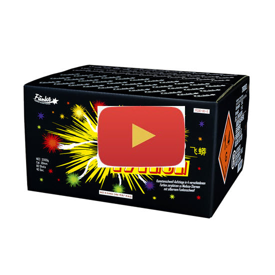 Video of An 80 shot extremely unique new firework from Funke, thick golden tails up to a crossette burst and multicolour go getter comets.