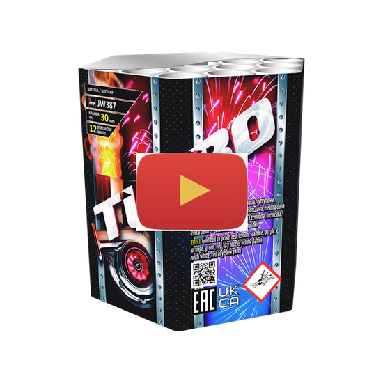 A beautiful 12 shot large calibre 30mm barrage from Jorge Fireworks producing stunning pastel multicolour bursts with a gentle silver crackle background.