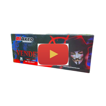 Video of the aerial compound barrage firework Vendetta from Riakeo Fireworks showing multiple shots of large, colourful, powerful and loud bursts.
